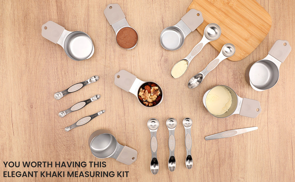 Magnetic measuring cup and spoon set - heavy-duty 304 stainless steel, dual measuring markers, 16 piece set with level for measuring dry and liquid composition(khaki)