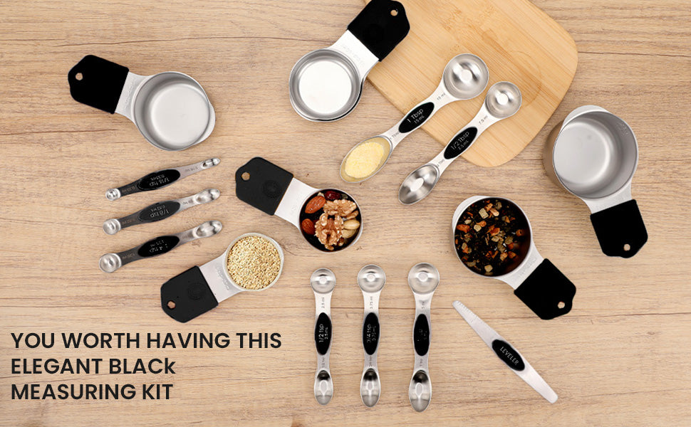 Magnetic measuring cup and spoon set - heavy-duty 304 stainless steel, dual measuring markers, 16 piece set with level for measuring dry and liquid composition(Black)