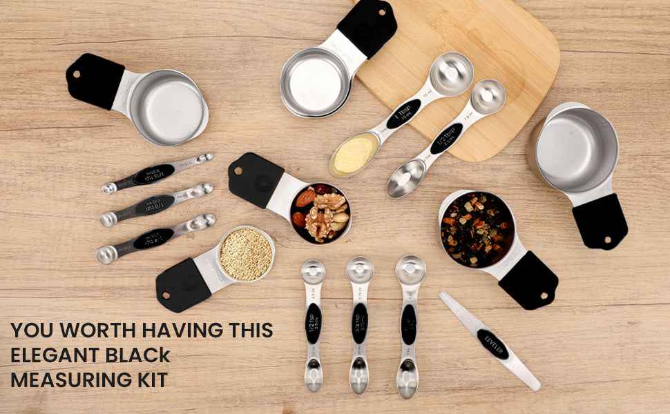 Magnetic Measuring Cups and Spoons Set-Heavy Duty 304 Stainless Steel Double Measurement Markings,BPA-Free,Set of 16 with Leveler for Measuring Dry and Liquid Ingredients(Black)