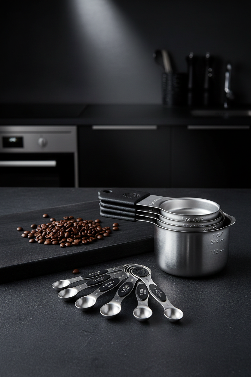Black magnetic measuring cups and spoons set on dark slate kitchen countertop