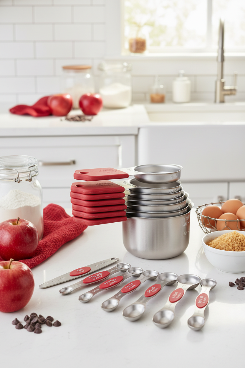 Red magnetic measuring cups and spoons set on white kitchen countertop with red apples