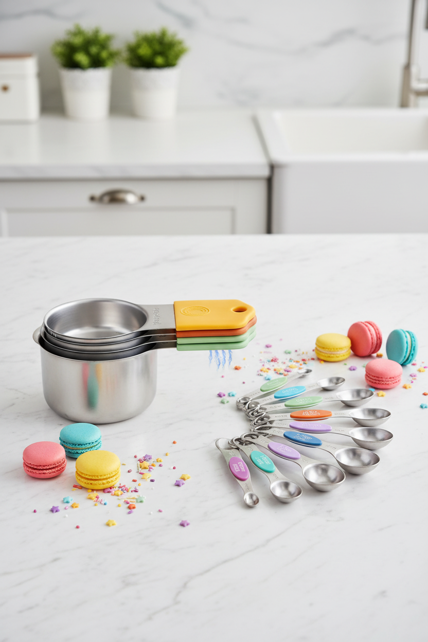 Colorful rainbow magnetic measuring cups and spoons set arranged in arc on white marble countertop