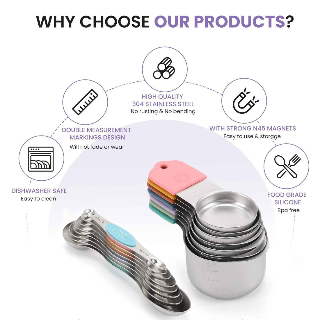 Heavy duty 304 stainless steel magnetic measuring cups and spoons with durable engraved markings