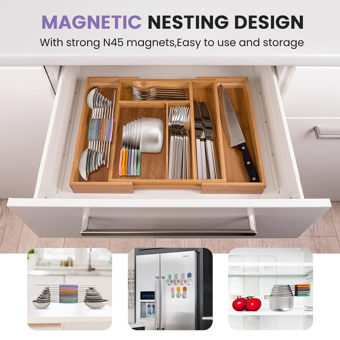 Space-saving magnetic nesting measuring cups and spoons stored neatly in kitchen drawer