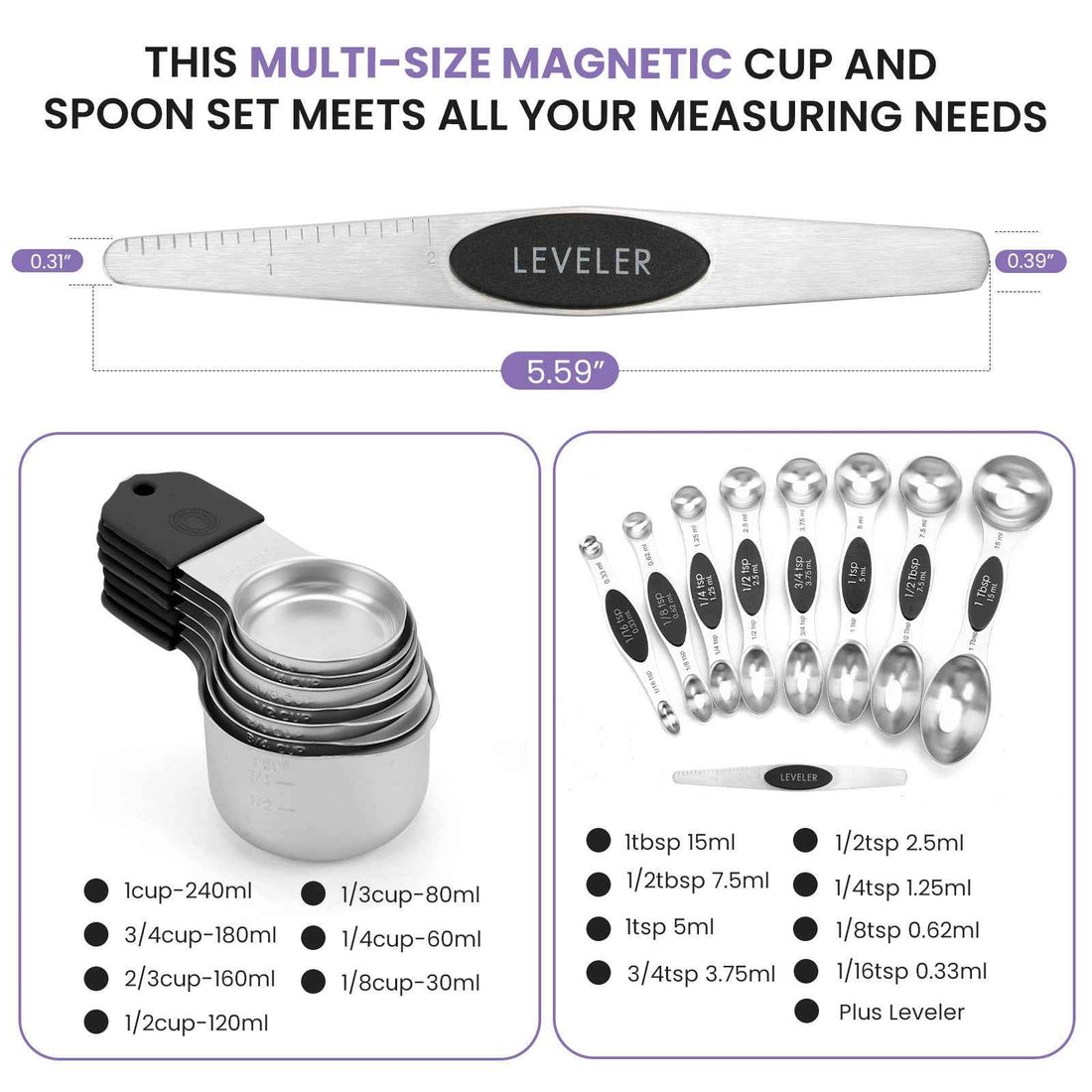 Multi-size magnetic measuring cups and spoons conversion chart with leveler