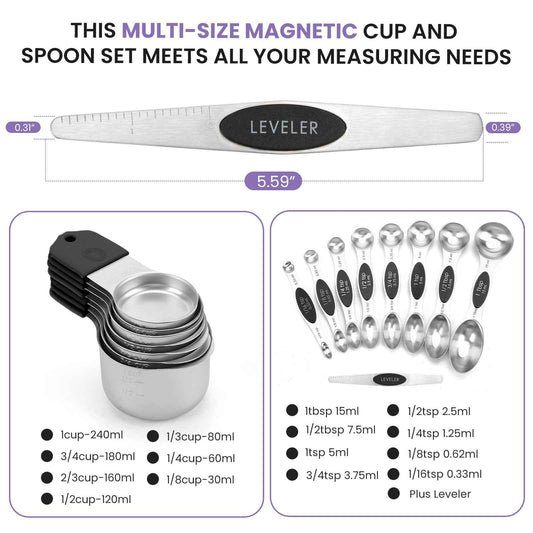 Multi-size magnetic measuring cups and spoons conversion chart with leveler