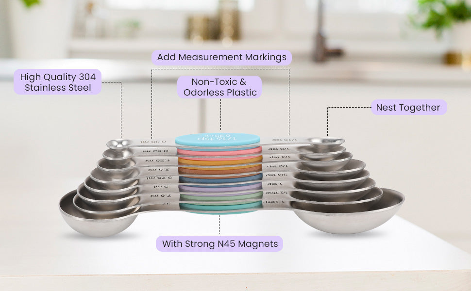 Magnetic measuring cup and spoon set - heavy-duty 304 stainless steel, dual measuring markers, 16 piece set with level for measuring dry and liquid composition(Colorful)