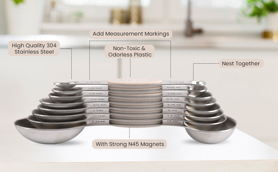Magnetic measuring cup and spoon set - heavy-duty 304 stainless steel, dual measuring markers, 16 piece set with level for measuring dry and liquid composition(khaki)