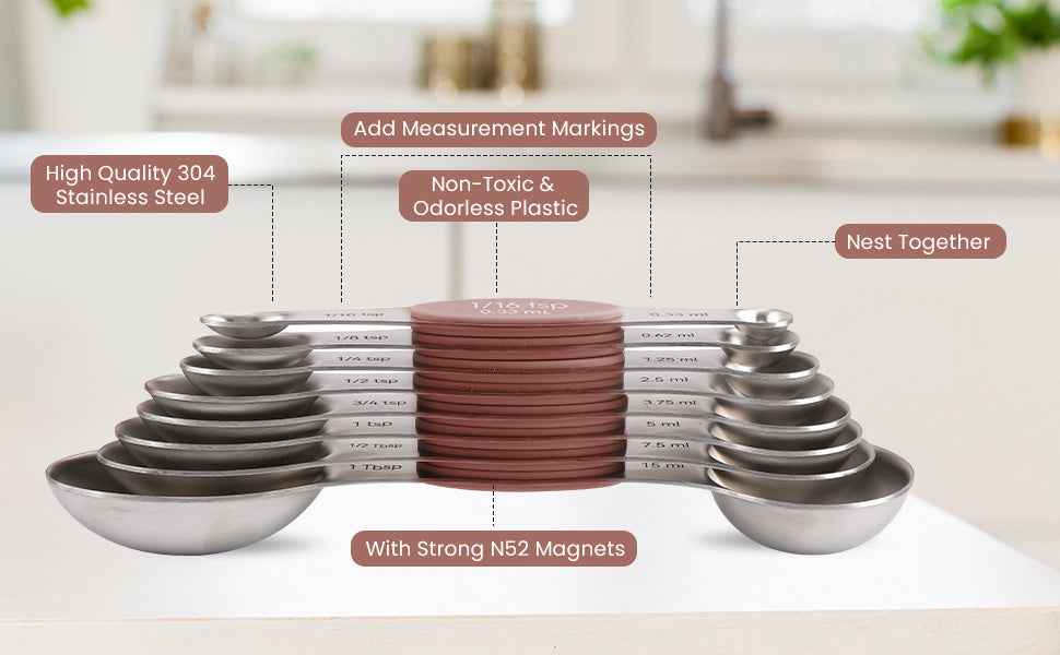 Magnetic Measuring Cups and Spoons Set-Heavy Duty 304 Stainless Steel Double Measurement Markings,BPA-Free,Set of 16 with Leveler for Measuring Dry and Liquid Ingredients(Mocha Brown)