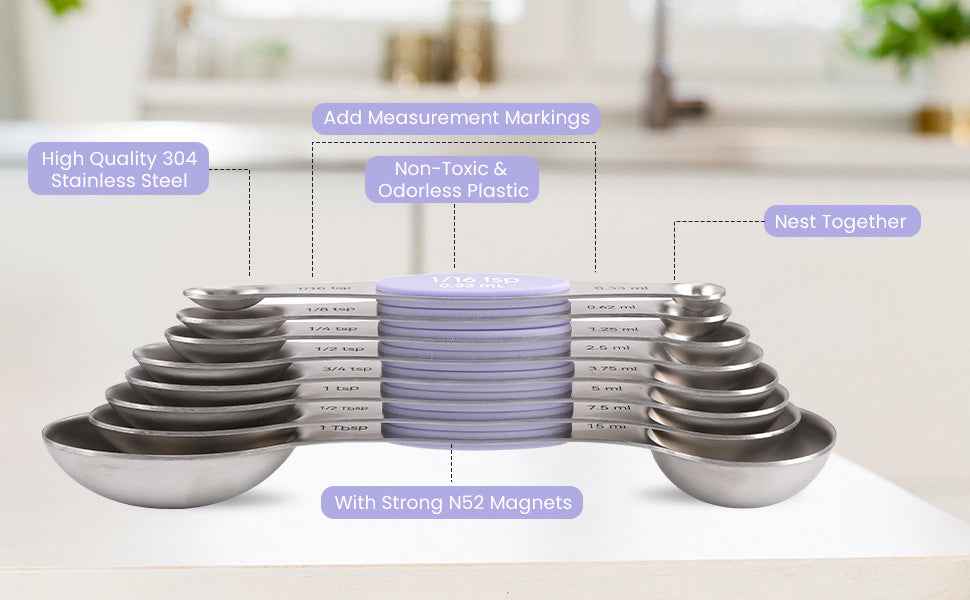 Magnetic Measuring Cups and Spoons Set-Heavy Duty 304 Stainless Steel Double Measurement Markings,BPA-Free,Set of 16 with Leveler for Measuring Dry and Liquid Ingredients(Lavender)