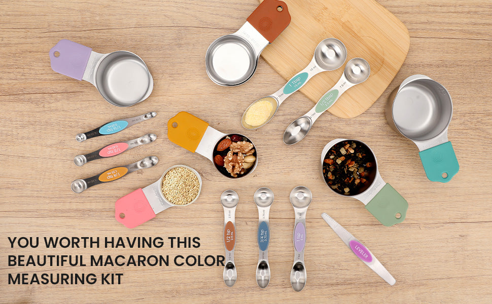 Magnetic measuring cup and spoon set - heavy-duty 304 stainless steel, dual measuring markers, 16 piece set with level for measuring dry and liquid composition(Colorful)