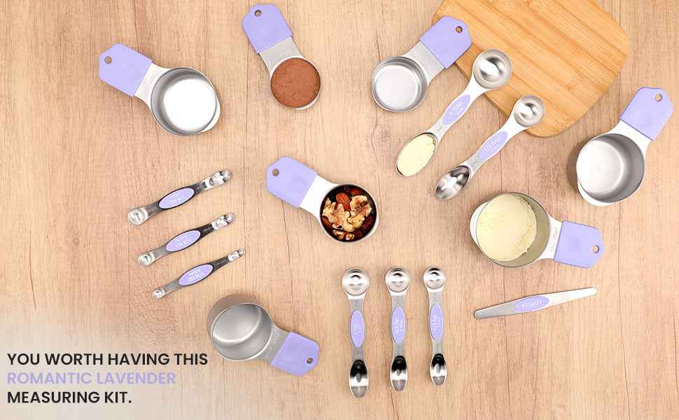 Magnetic Measuring Cups and Spoons Set-Heavy Duty 304 Stainless Steel Double Measurement Markings,BPA-Free,Set of 16 with Leveler for Measuring Dry and Liquid Ingredients(Lavender)