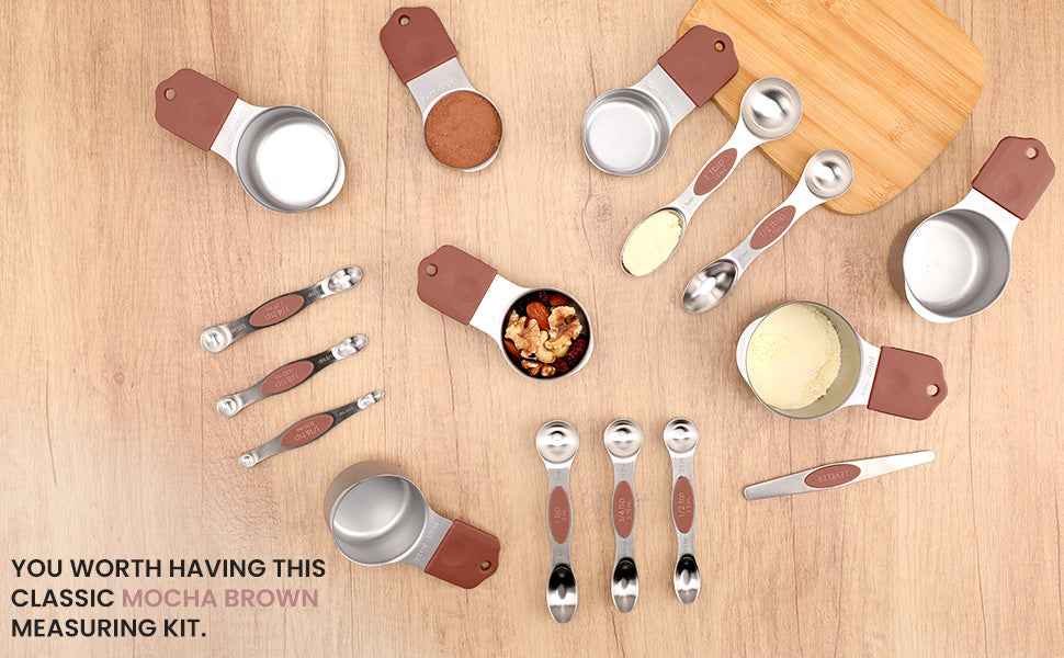 Magnetic Measuring Cups and Spoons Set-Heavy Duty 304 Stainless Steel Double Measurement Markings,BPA-Free,Set of 16 with Leveler for Measuring Dry and Liquid Ingredients(Mocha Brown)