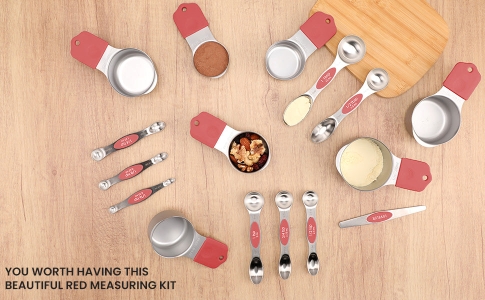 Magnetic measuring cup and spoon set - heavy-duty 304 stainless steel, dual measuring markers, 16 piece set with level for measuring dry and liquid composition(Red)