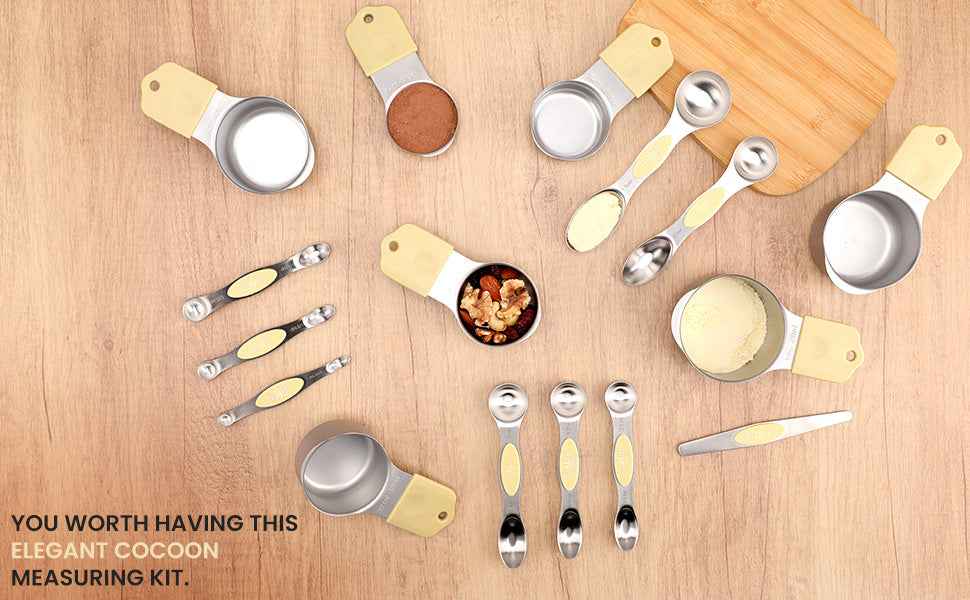 Magnetic Measuring Cups and Spoons Set-Heavy Duty 304 Stainless Steel Double Measurement Markings,BPA-Free,Set of 16 with Leveler for Measuring Dry and Liquid Ingredients(Cocoon)