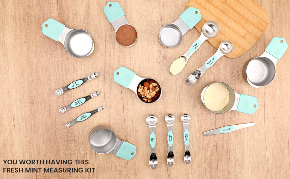 Magnetic measuring cup and spoon set - heavy-duty 304 stainless steel, dual measuring markers, 16 piece set with level for measuring dry and liquid composition(Mint)