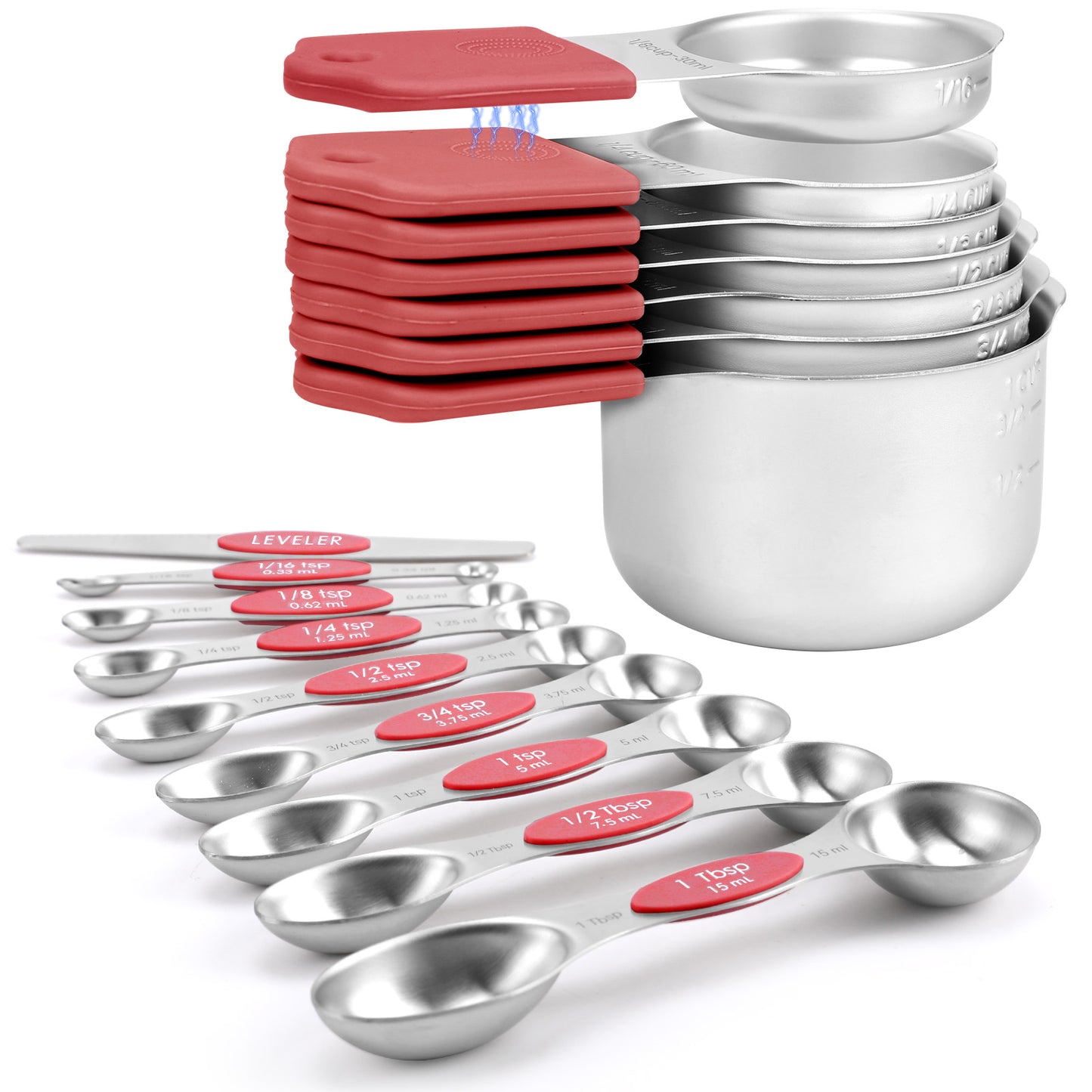 Magnetic measuring cup and spoon set - heavy-duty 304 stainless steel, dual measuring markers, 16 piece set with level for measuring dry and liquid composition(Red)