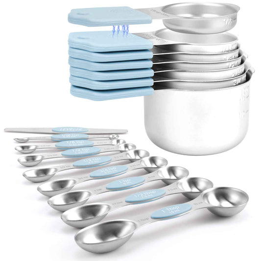 Magnetic Measuring Cups and Spoons Set-Heavy Duty 304 Stainless Steel Double Measurement Markings,BPA-Free,Set of 16 with Leveler for Measuring Dry and Liquid Ingredients(Glacier Blue)