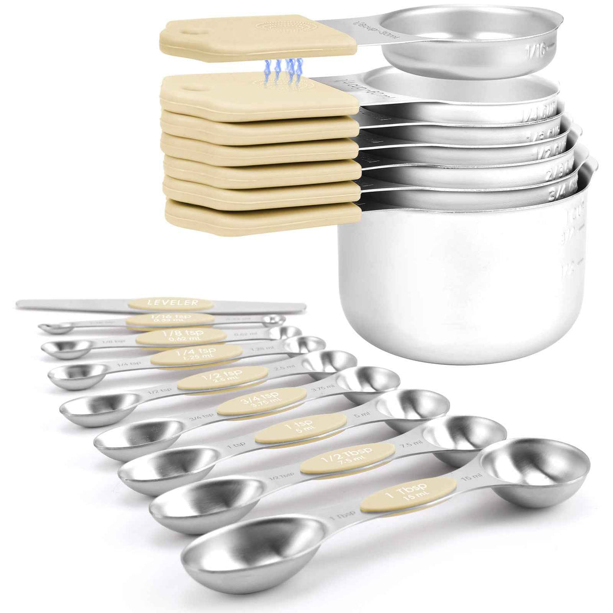 Magnetic Measuring Cups and Spoons Set-Heavy Duty 304 Stainless Steel Double Measurement Markings,BPA-Free,Set of 16 with Leveler for Measuring Dry and Liquid Ingredients(Cocoon)