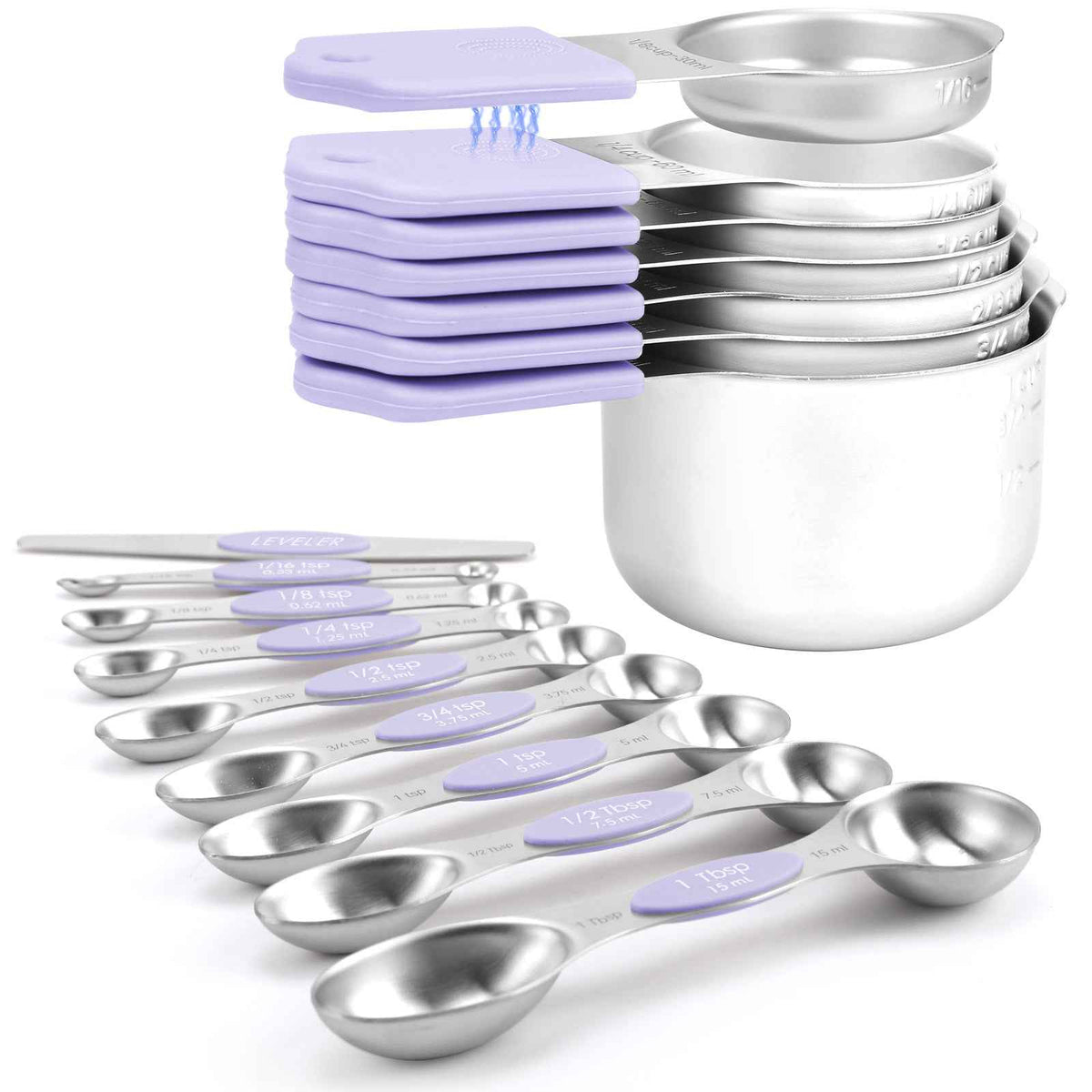 Magnetic Measuring Cups and Spoons Set-Heavy Duty 304 Stainless Steel Double Measurement Markings,BPA-Free,Set of 16 with Leveler for Measuring Dry and Liquid Ingredients(Lavender)