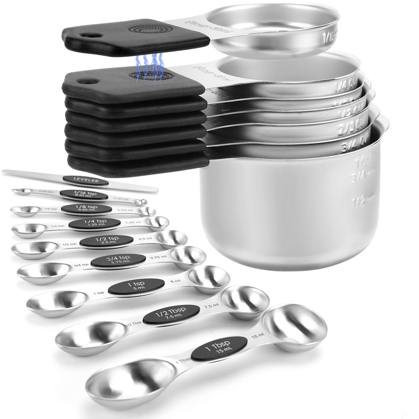 Magnetic measuring cup and spoon set - heavy-duty 304 stainless steel, dual measuring markers, 16 piece set with level for measuring dry and liquid composition(Black)