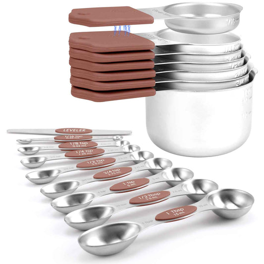 Magnetic Measuring Cups and Spoons Set-Heavy Duty 304 Stainless Steel Double Measurement Markings,BPA-Free,Set of 16 with Leveler for Measuring Dry and Liquid Ingredients(Mocha Brown)