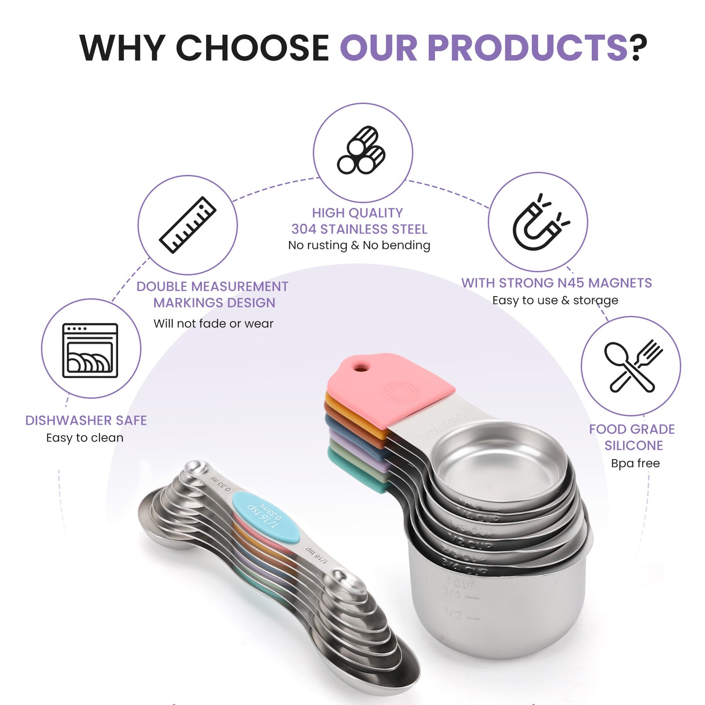 Magnetic measuring cup and spoon set - heavy-duty 304 stainless steel, dual measuring markers, 16 piece set with level for measuring dry and liquid composition(Colorful)