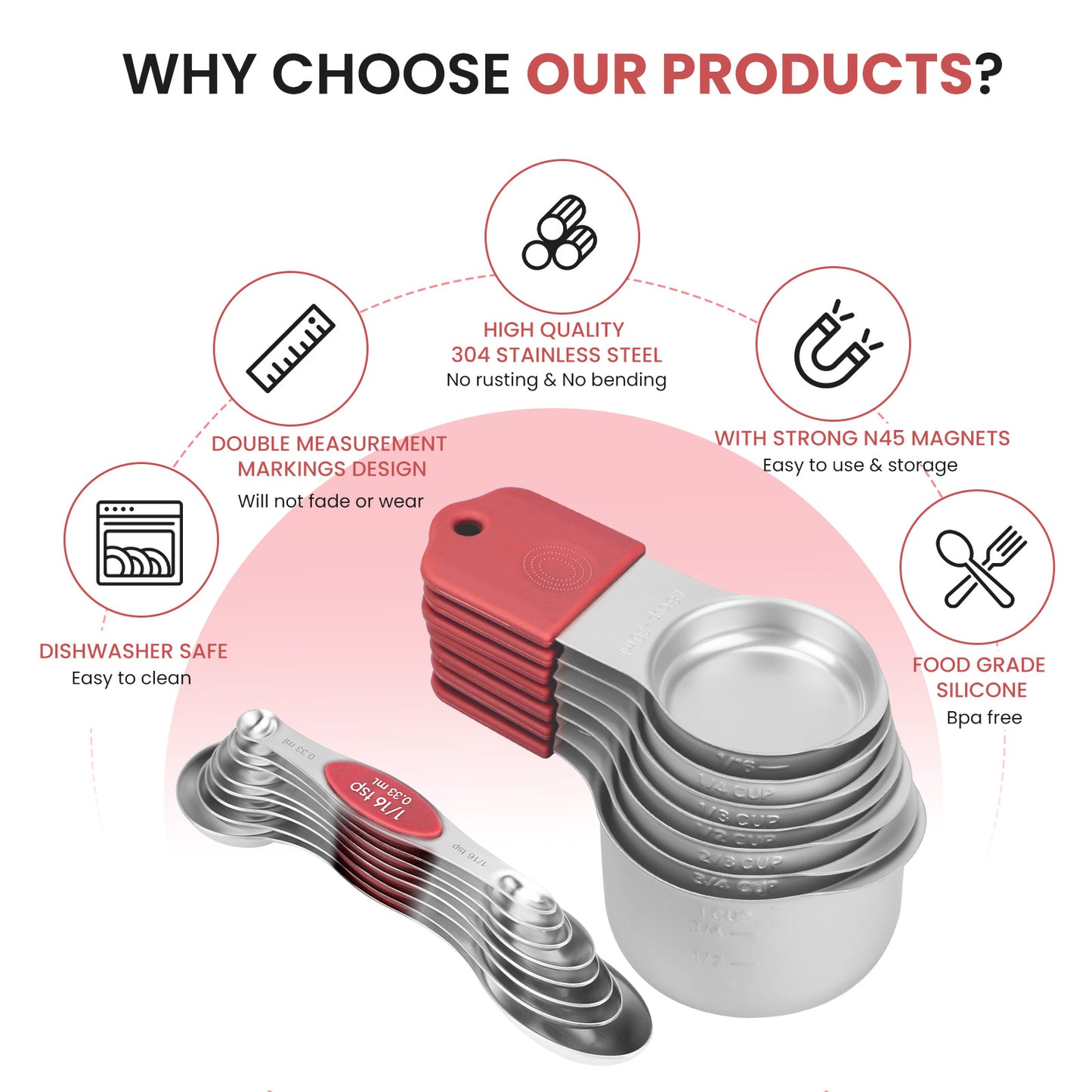 Magnetic measuring cup and spoon set - heavy-duty 304 stainless steel, dual measuring markers, 16 piece set with level for measuring dry and liquid composition(Red)