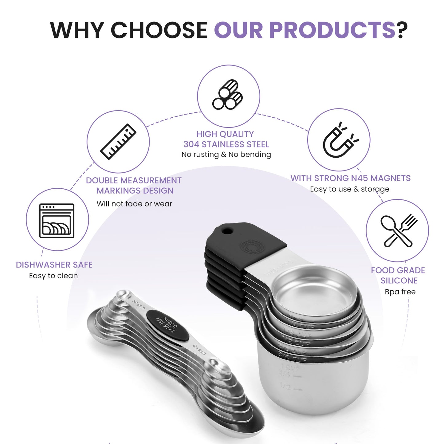 Magnetic measuring cup and spoon set - heavy-duty 304 stainless steel, dual measuring markers, 16 piece set with level for measuring dry and liquid composition(Black)