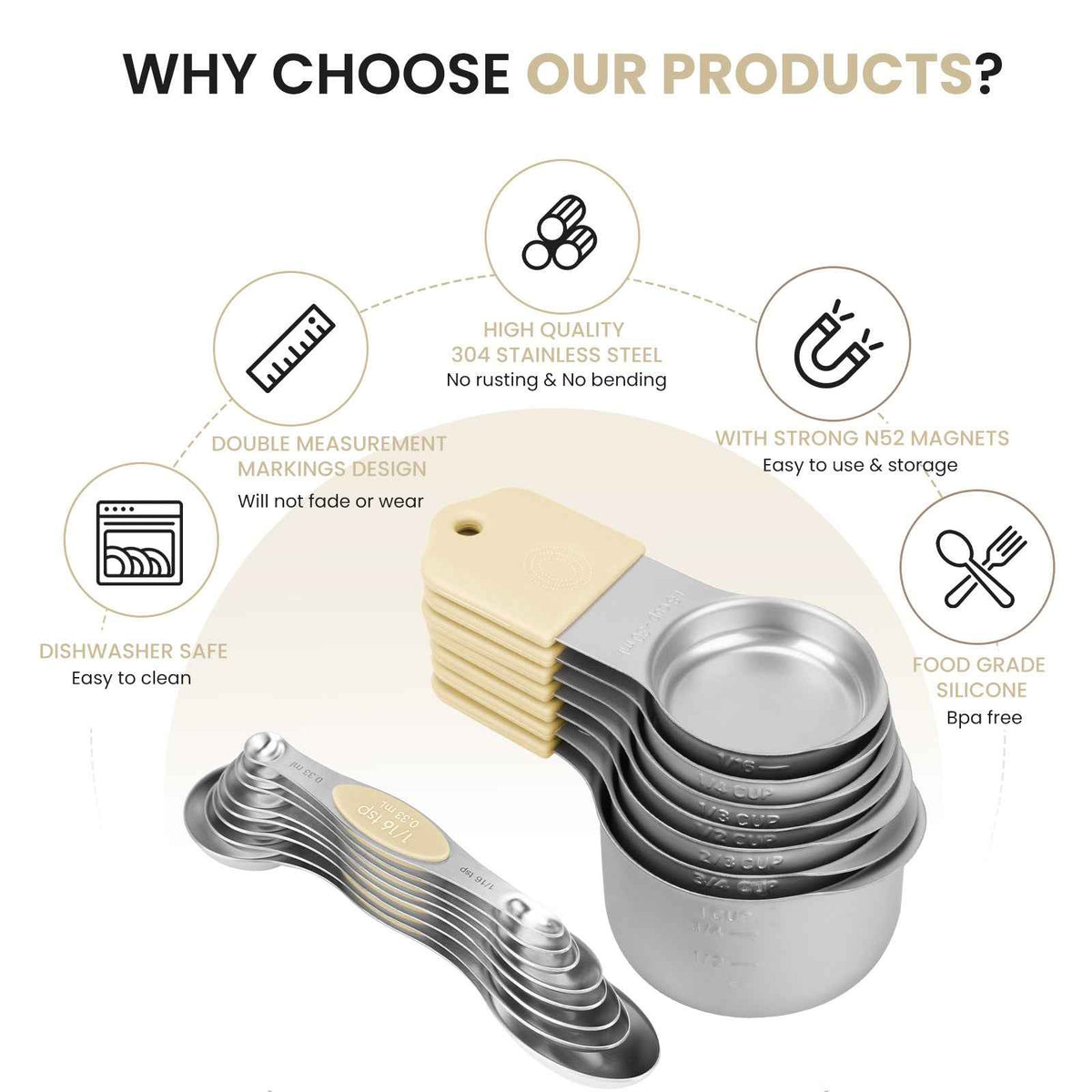 Magnetic Measuring Cups and Spoons Set-Heavy Duty 304 Stainless Steel Double Measurement Markings,BPA-Free,Set of 16 with Leveler for Measuring Dry and Liquid Ingredients(Cocoon)