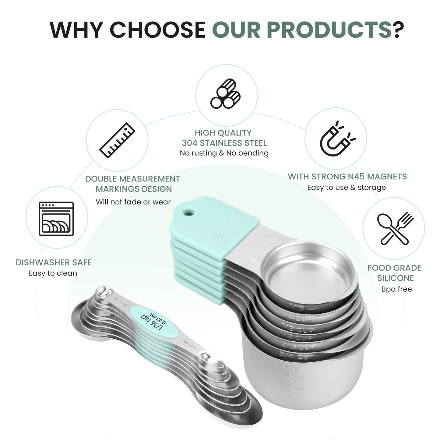 Magnetic measuring cup and spoon set - heavy-duty 304 stainless steel, dual measuring markers, 16 piece set with level for measuring dry and liquid composition(Mint)