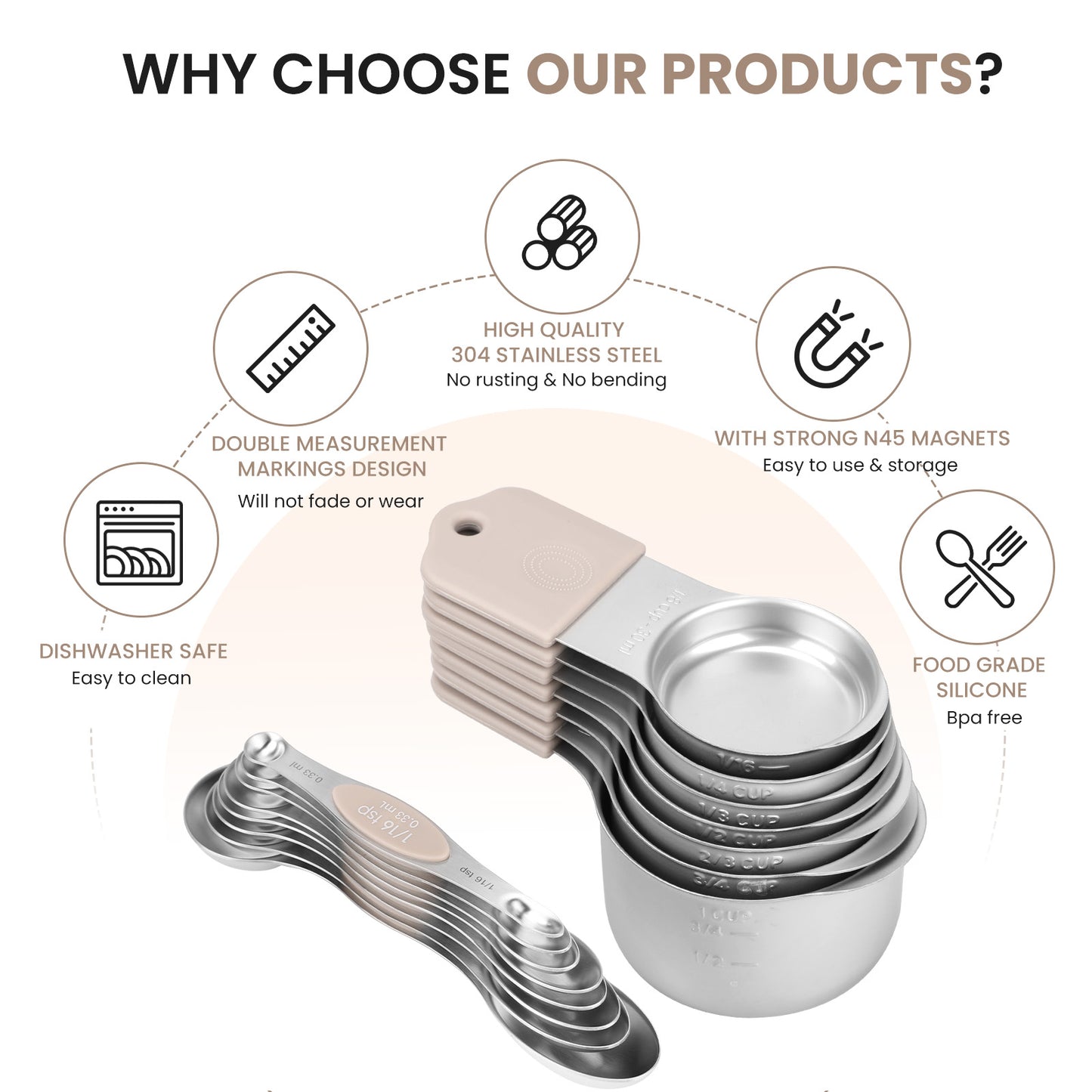 Magnetic measuring cup and spoon set - heavy-duty 304 stainless steel, dual measuring markers, 16 piece set with level for measuring dry and liquid composition(khaki)