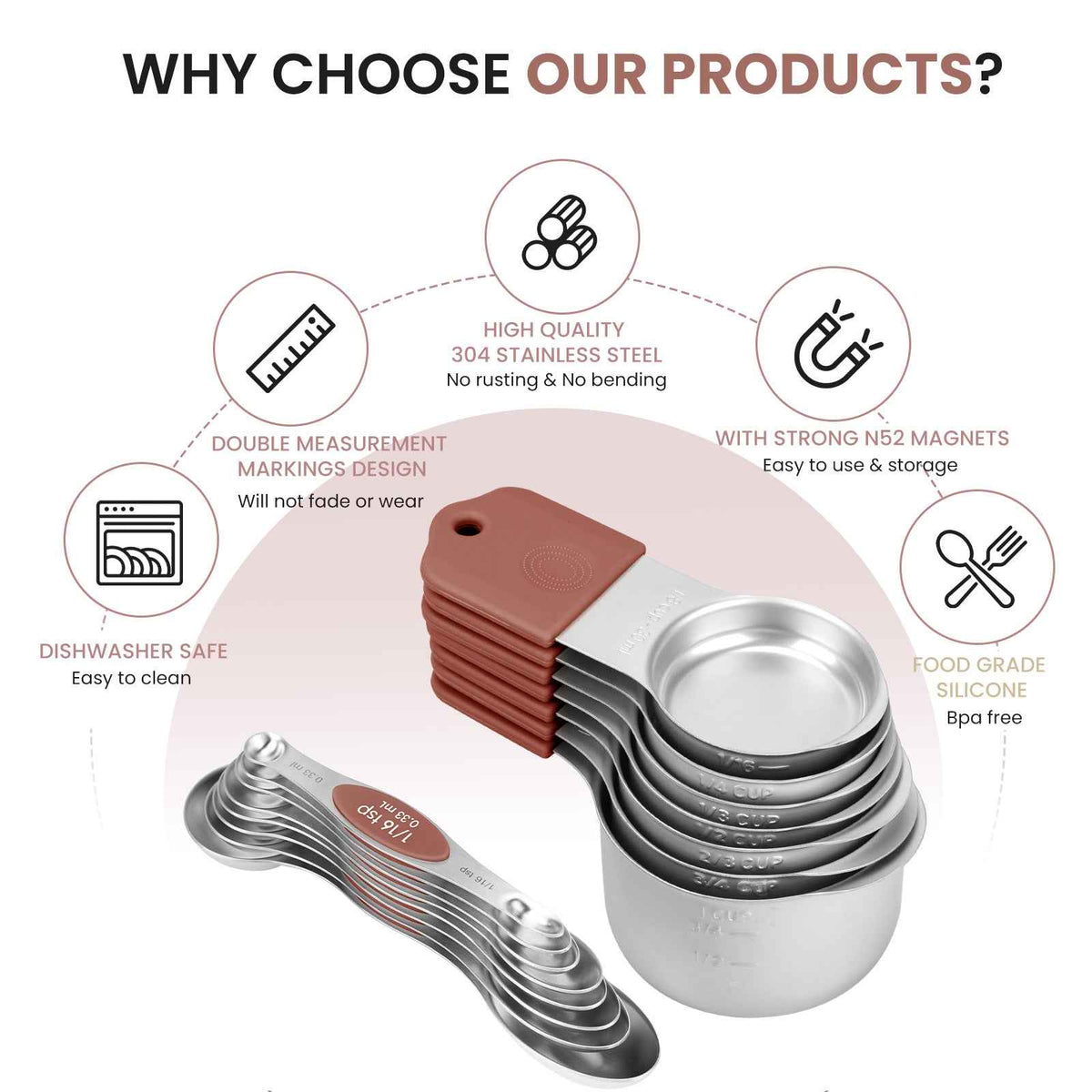 Magnetic Measuring Cups and Spoons Set-Heavy Duty 304 Stainless Steel Double Measurement Markings,BPA-Free,Set of 16 with Leveler for Measuring Dry and Liquid Ingredients(Mocha Brown)