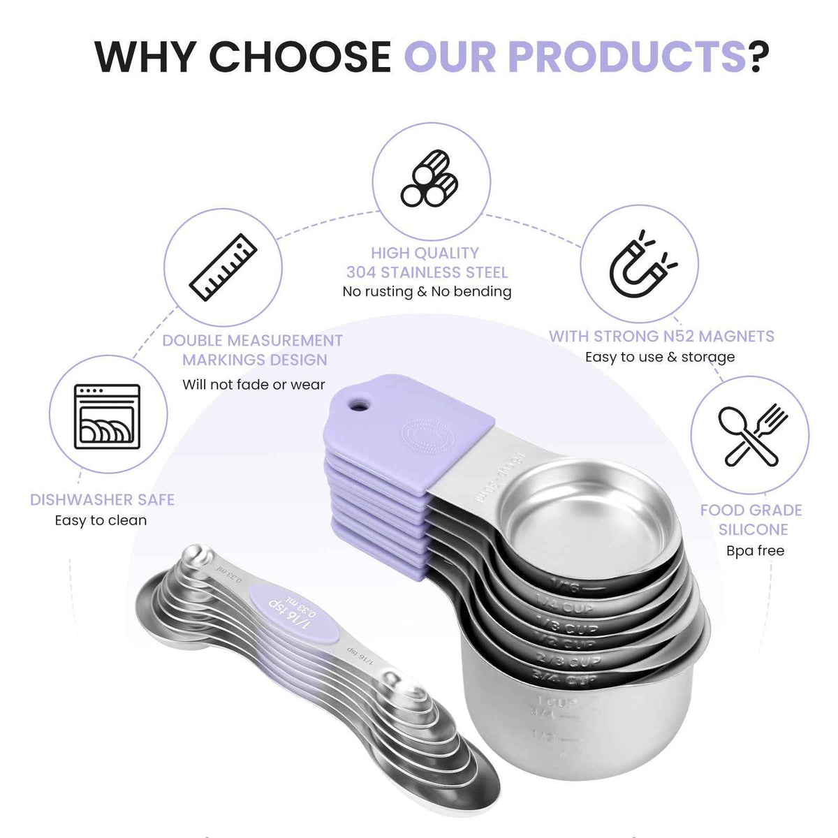 Magnetic Measuring Cups and Spoons Set-Heavy Duty 304 Stainless Steel Double Measurement Markings,BPA-Free,Set of 16 with Leveler for Measuring Dry and Liquid Ingredients(Lavender)