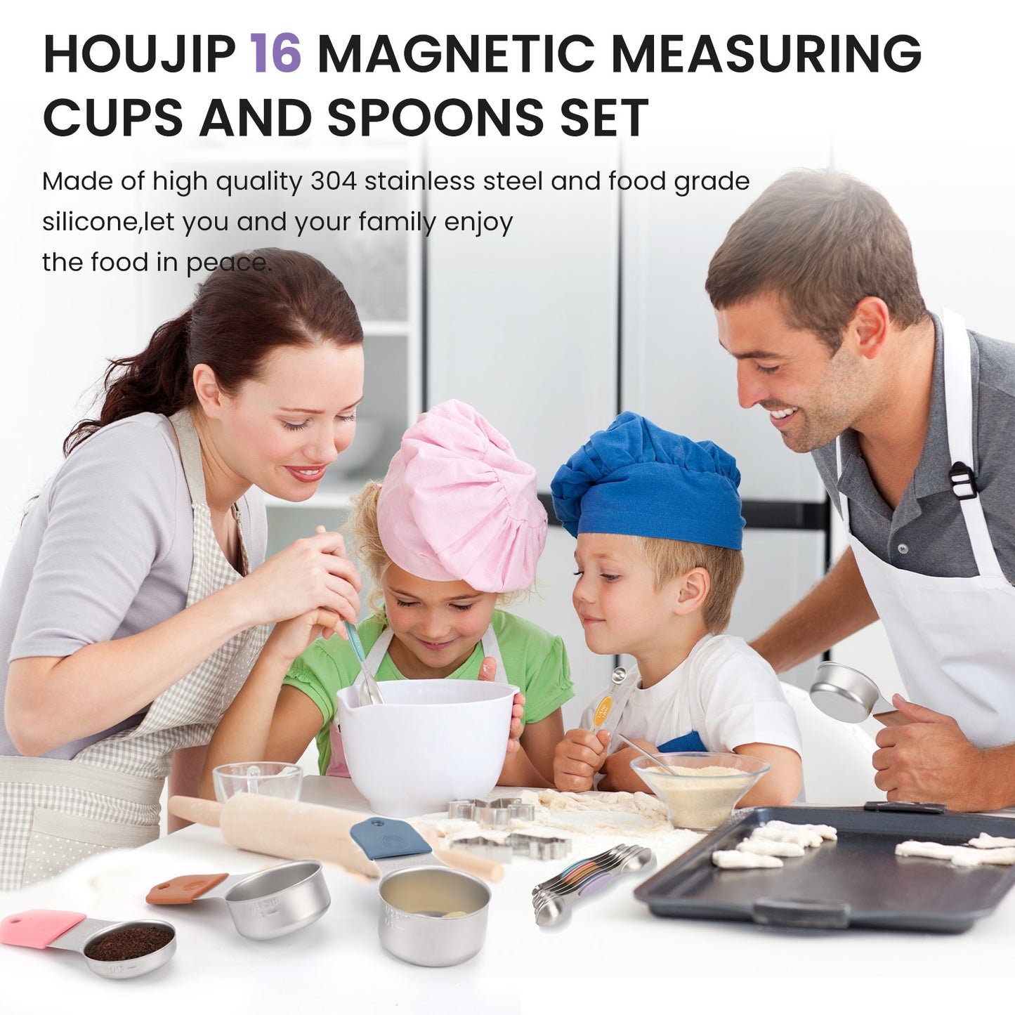 Magnetic measuring cup and spoon set - heavy-duty 304 stainless steel, dual measuring markers, 16 piece set with level for measuring dry and liquid composition(Colorful)