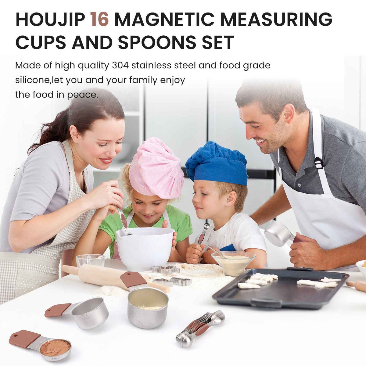 Magnetic Measuring Cups and Spoons Set-Heavy Duty 304 Stainless Steel Double Measurement Markings,BPA-Free,Set of 16 with Leveler for Measuring Dry and Liquid Ingredients(Mocha Brown)