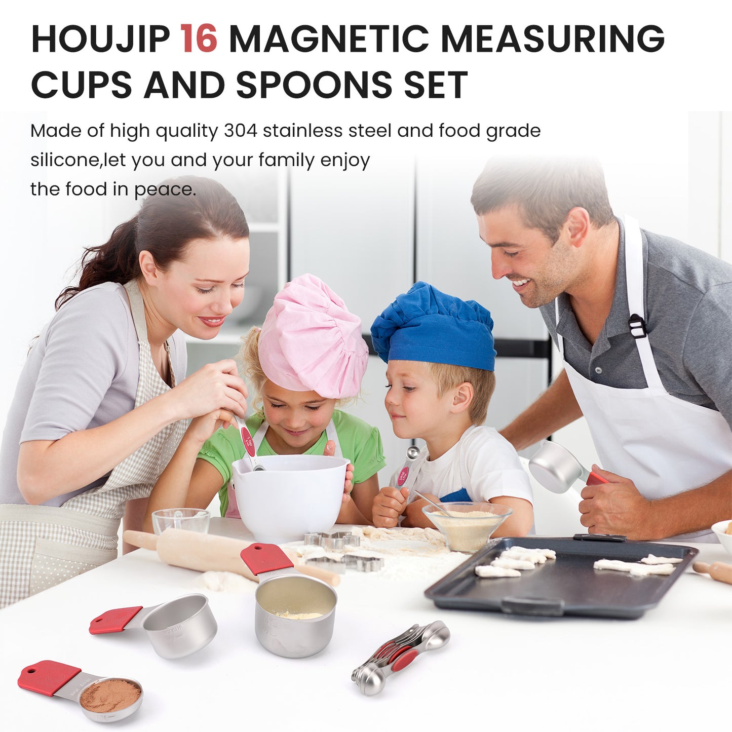 Magnetic measuring cup and spoon set - heavy-duty 304 stainless steel, dual measuring markers, 16 piece set with level for measuring dry and liquid composition(Red)
