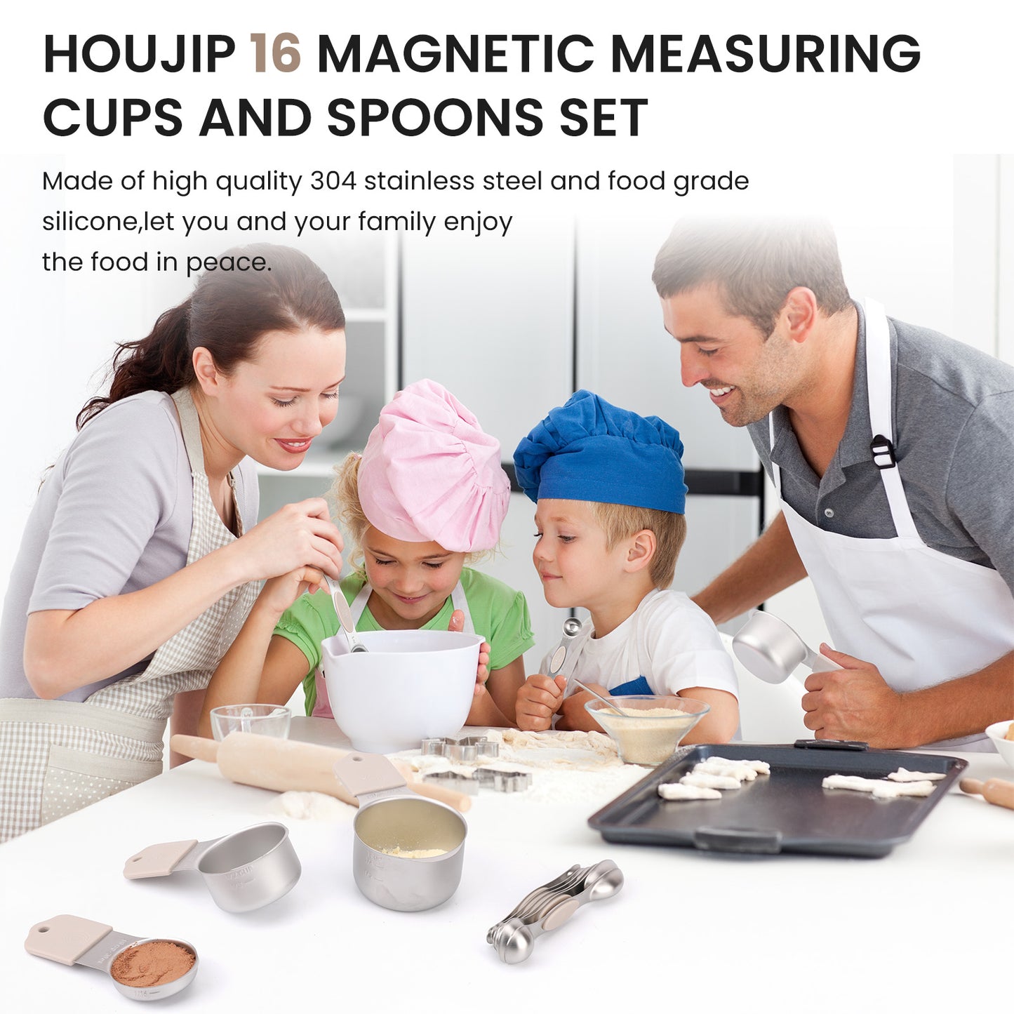 Magnetic measuring cup and spoon set - heavy-duty 304 stainless steel, dual measuring markers, 16 piece set with level for measuring dry and liquid composition(khaki)