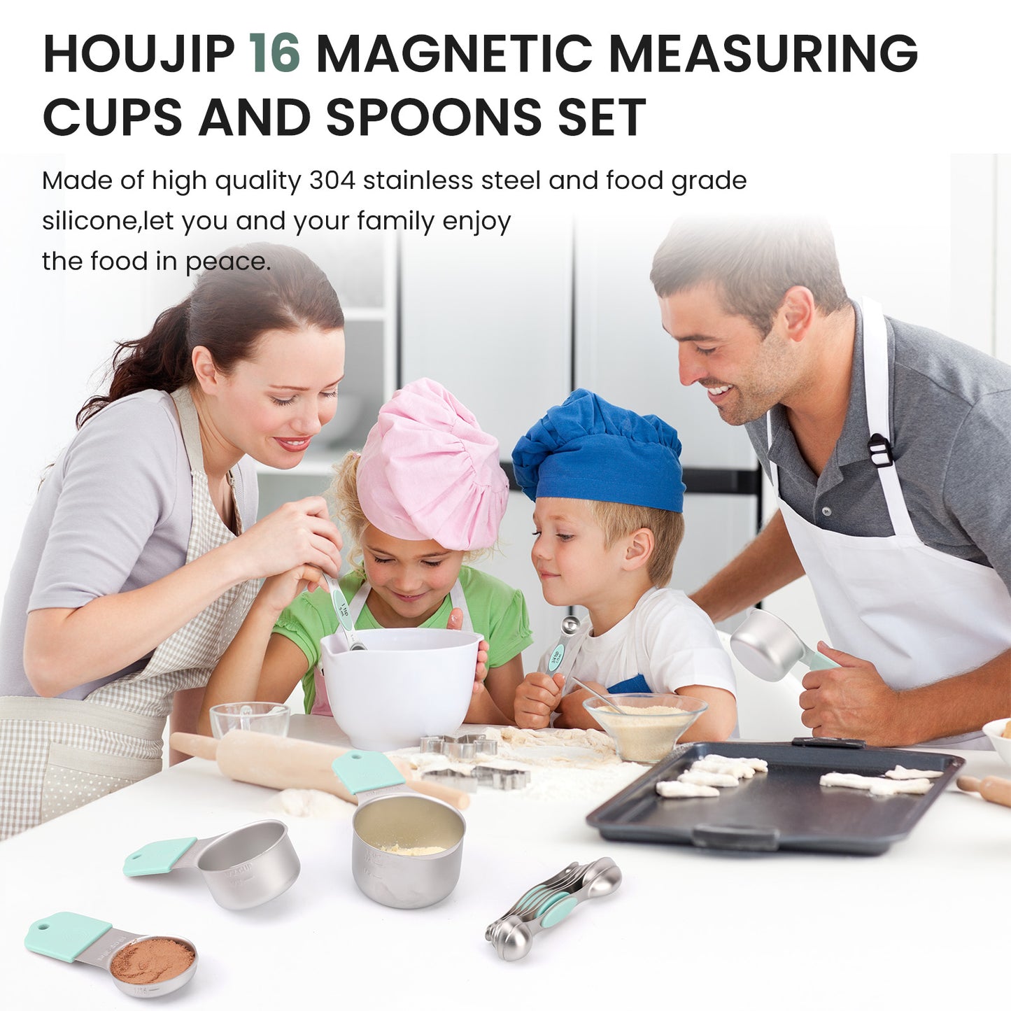 Magnetic measuring cup and spoon set - heavy-duty 304 stainless steel, dual measuring markers, 16 piece set with level for measuring dry and liquid composition(Mint)
