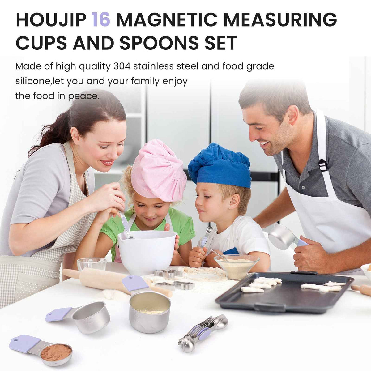 Magnetic Measuring Cups and Spoons Set-Heavy Duty 304 Stainless Steel Double Measurement Markings,BPA-Free,Set of 16 with Leveler for Measuring Dry and Liquid Ingredients(Lavender)