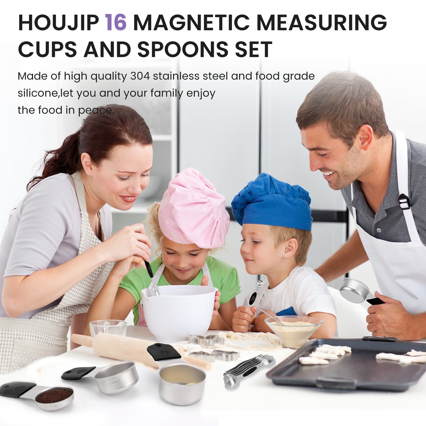 Magnetic measuring cup and spoon set - heavy-duty 304 stainless steel, dual measuring markers, 16 piece set with level for measuring dry and liquid composition(Black)