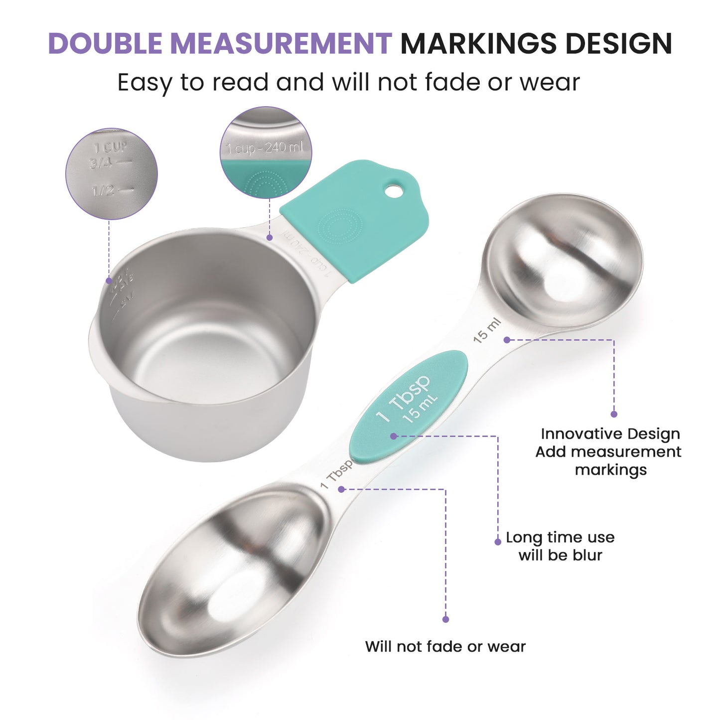 Magnetic measuring cup and spoon set - heavy-duty 304 stainless steel, dual measuring markers, 16 piece set with level for measuring dry and liquid composition(Colorful)