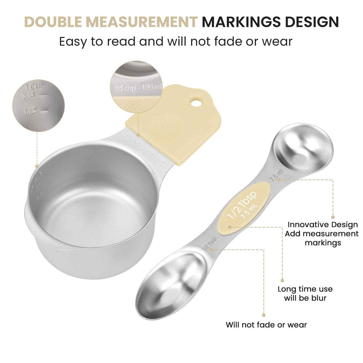 Magnetic Measuring Cups and Spoons Set-Heavy Duty 304 Stainless Steel Double Measurement Markings,BPA-Free,Set of 16 with Leveler for Measuring Dry and Liquid Ingredients(Cocoon)