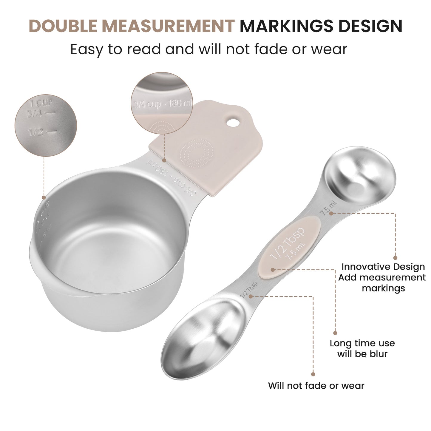 Magnetic measuring cup and spoon set - heavy-duty 304 stainless steel, dual measuring markers, 16 piece set with level for measuring dry and liquid composition(khaki)