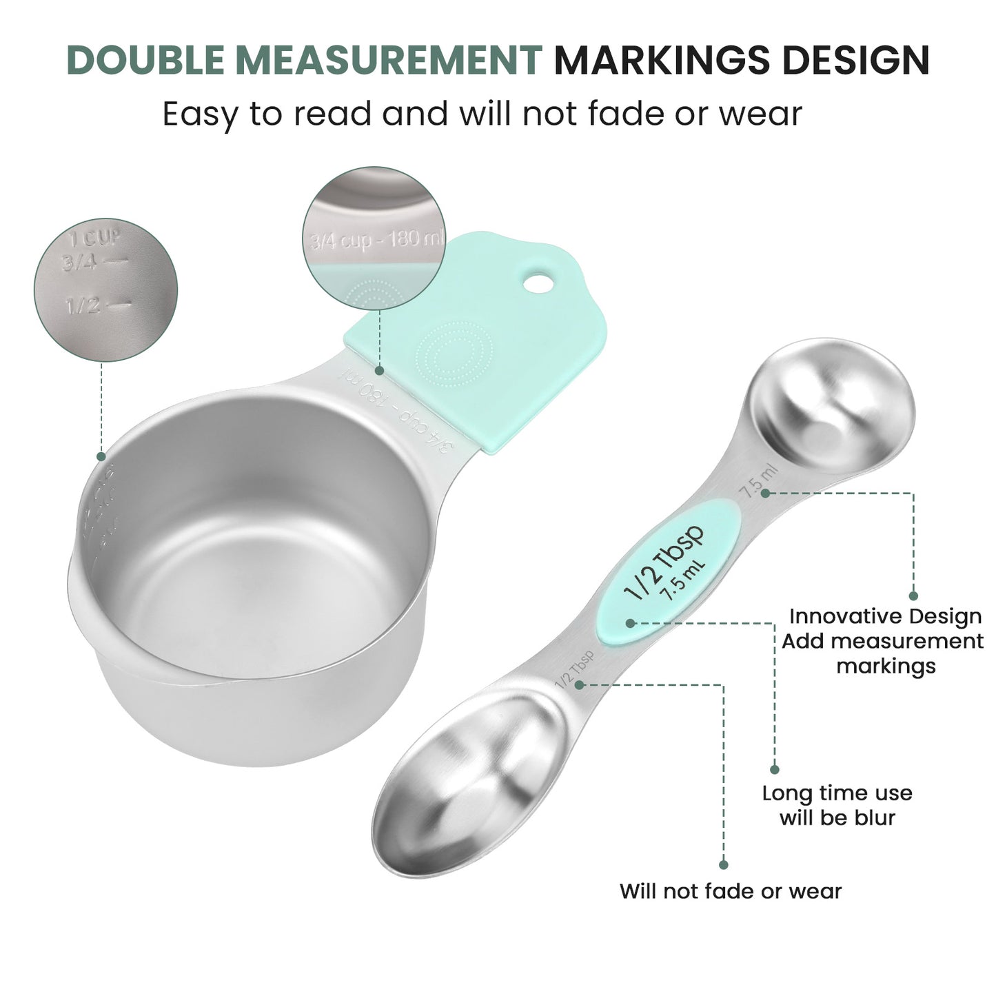 Magnetic measuring cup and spoon set - heavy-duty 304 stainless steel, dual measuring markers, 16 piece set with level for measuring dry and liquid composition(Mint)