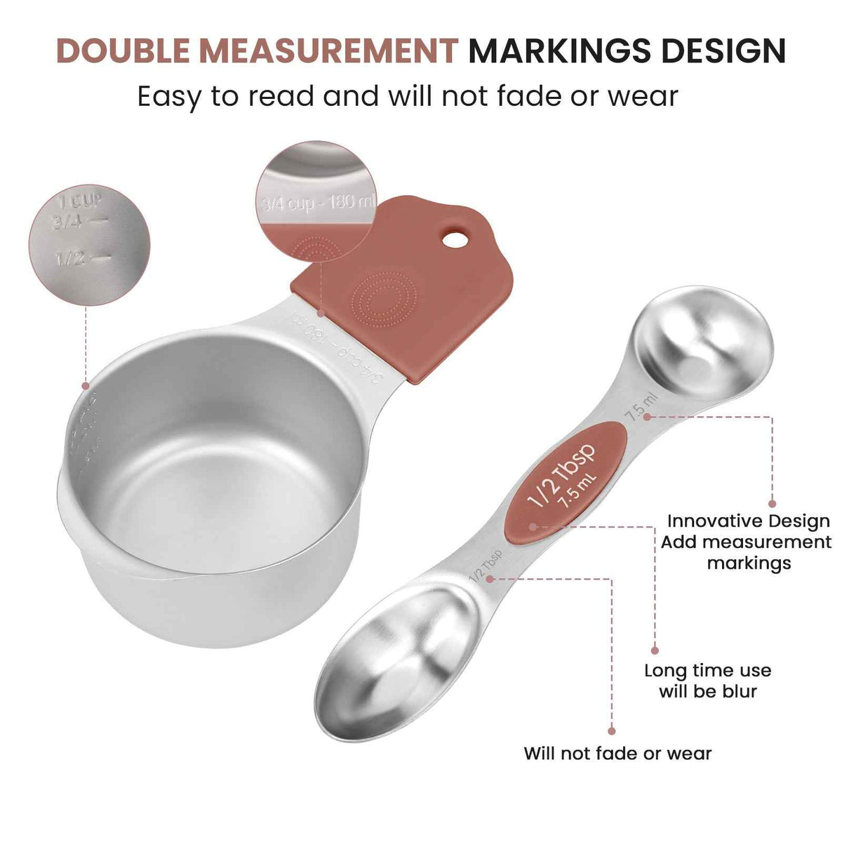 Magnetic Measuring Cups and Spoons Set-Heavy Duty 304 Stainless Steel Double Measurement Markings,BPA-Free,Set of 16 with Leveler for Measuring Dry and Liquid Ingredients(Mocha Brown)