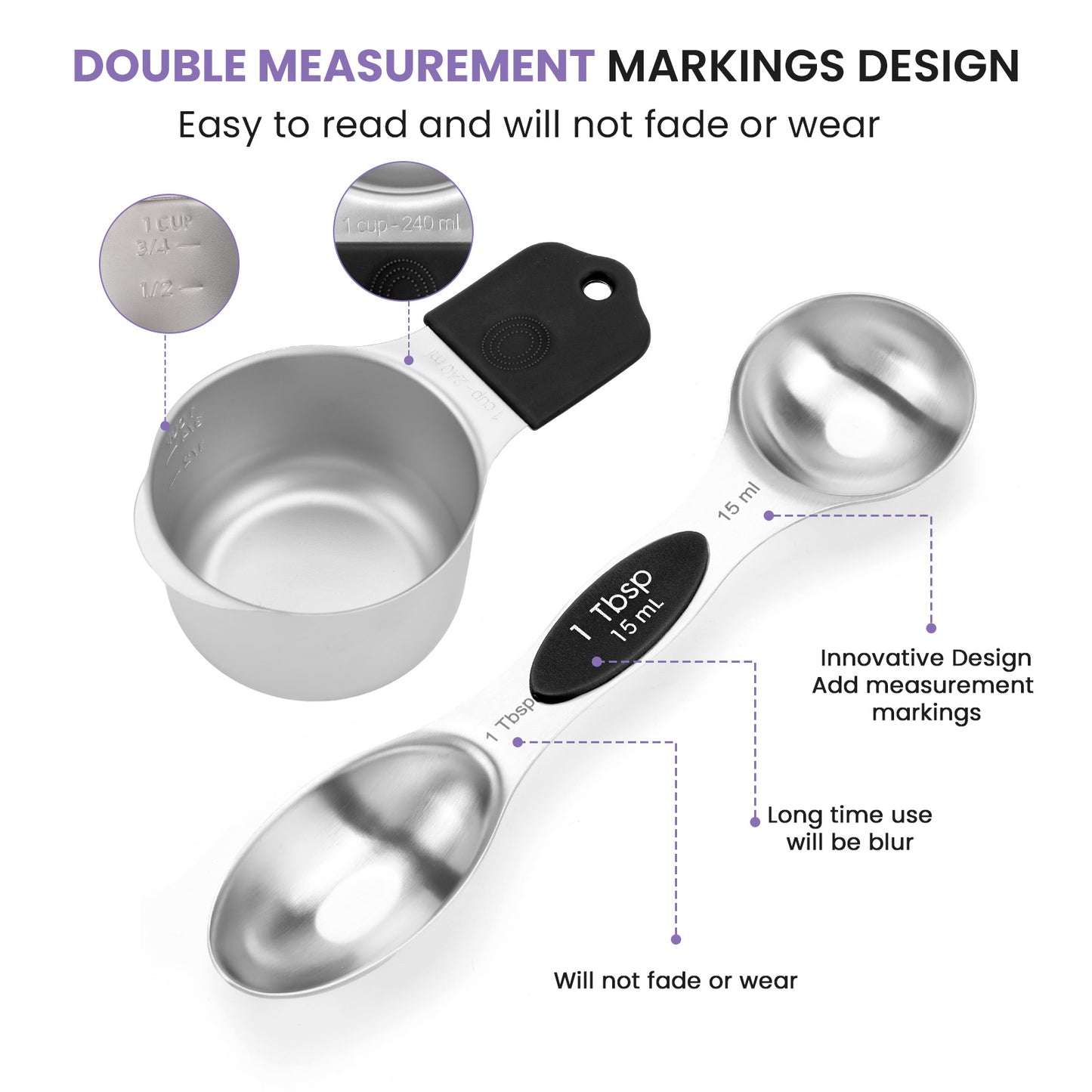 Magnetic measuring cup and spoon set - heavy-duty 304 stainless steel, dual measuring markers, 16 piece set with level for measuring dry and liquid composition(Black)