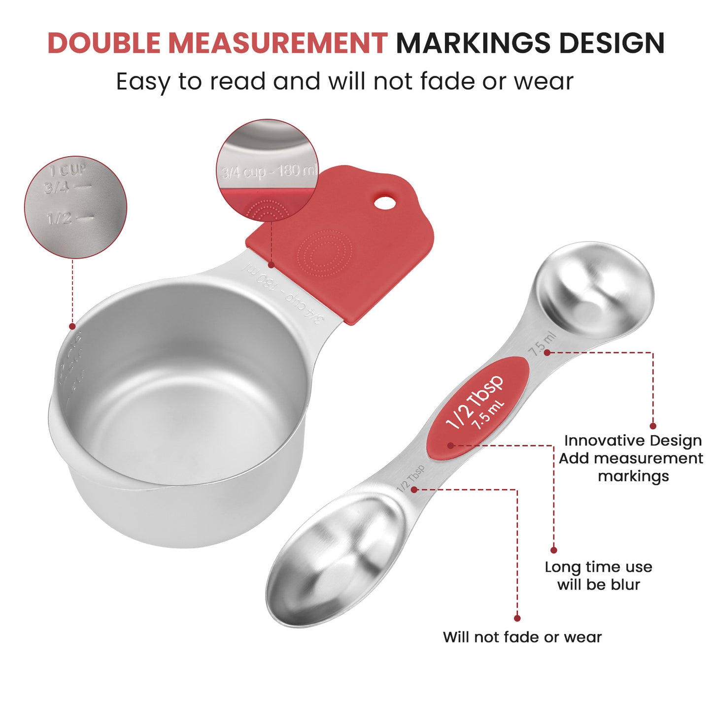 Magnetic measuring cup and spoon set - heavy-duty 304 stainless steel, dual measuring markers, 16 piece set with level for measuring dry and liquid composition(Red)