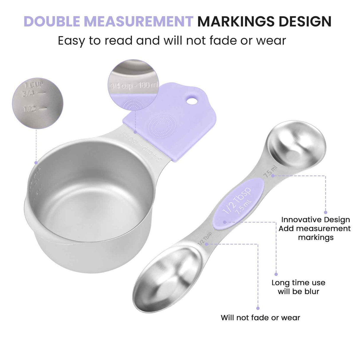 Magnetic Measuring Cups and Spoons Set-Heavy Duty 304 Stainless Steel Double Measurement Markings,BPA-Free,Set of 16 with Leveler for Measuring Dry and Liquid Ingredients(Lavender)