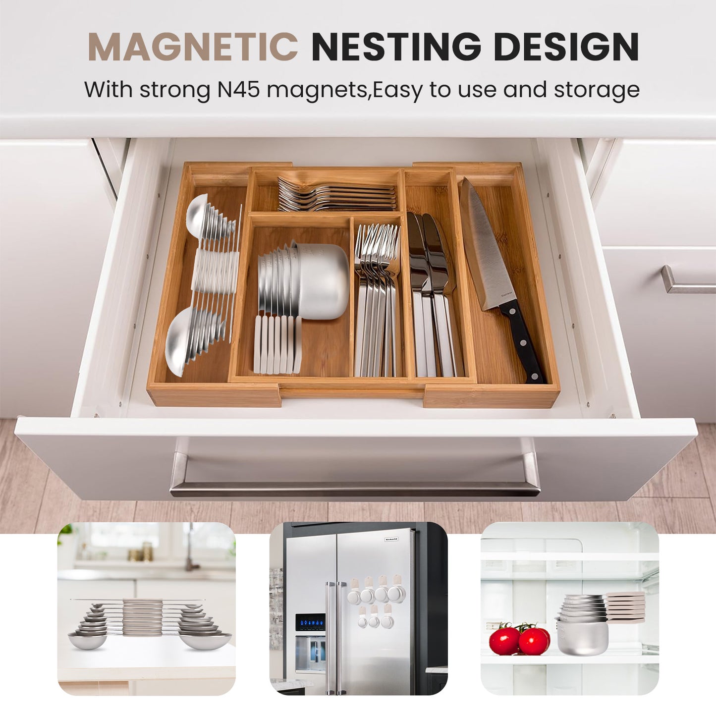 Magnetic measuring cup and spoon set - heavy-duty 304 stainless steel, dual measuring markers, 16 piece set with level for measuring dry and liquid composition(khaki)